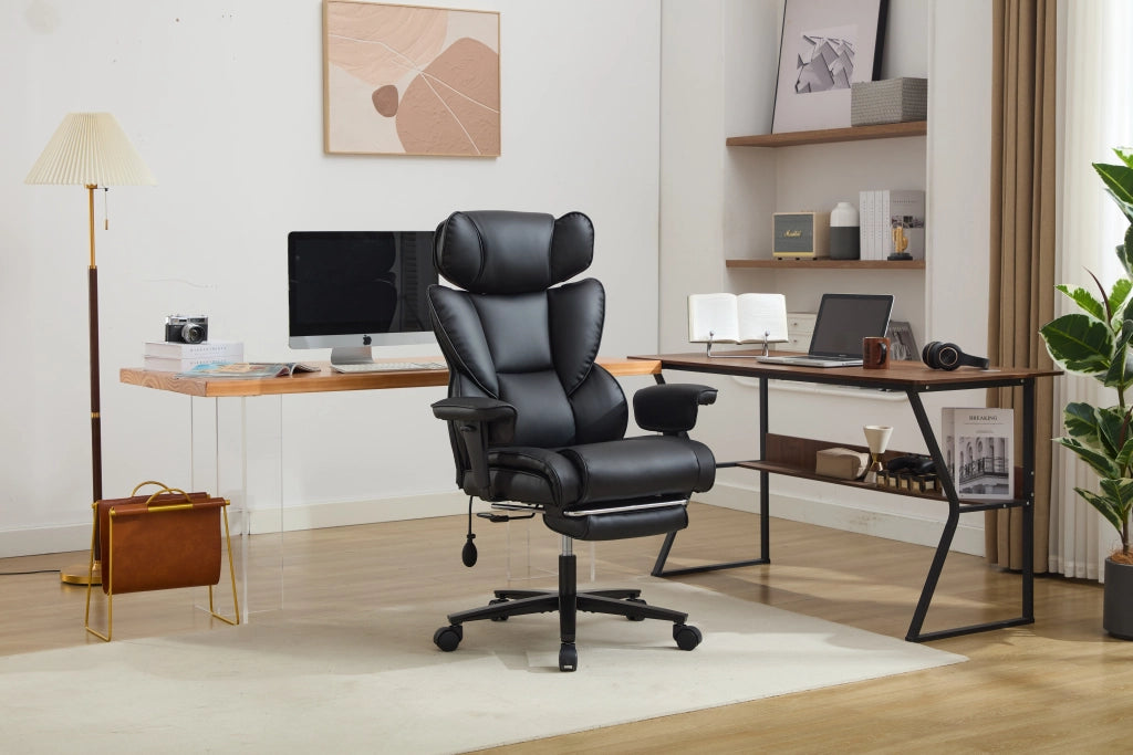 Sedia da ufficio ergonomica con supporto lombare regolabile e schienale reclinabile in pelle PU nera