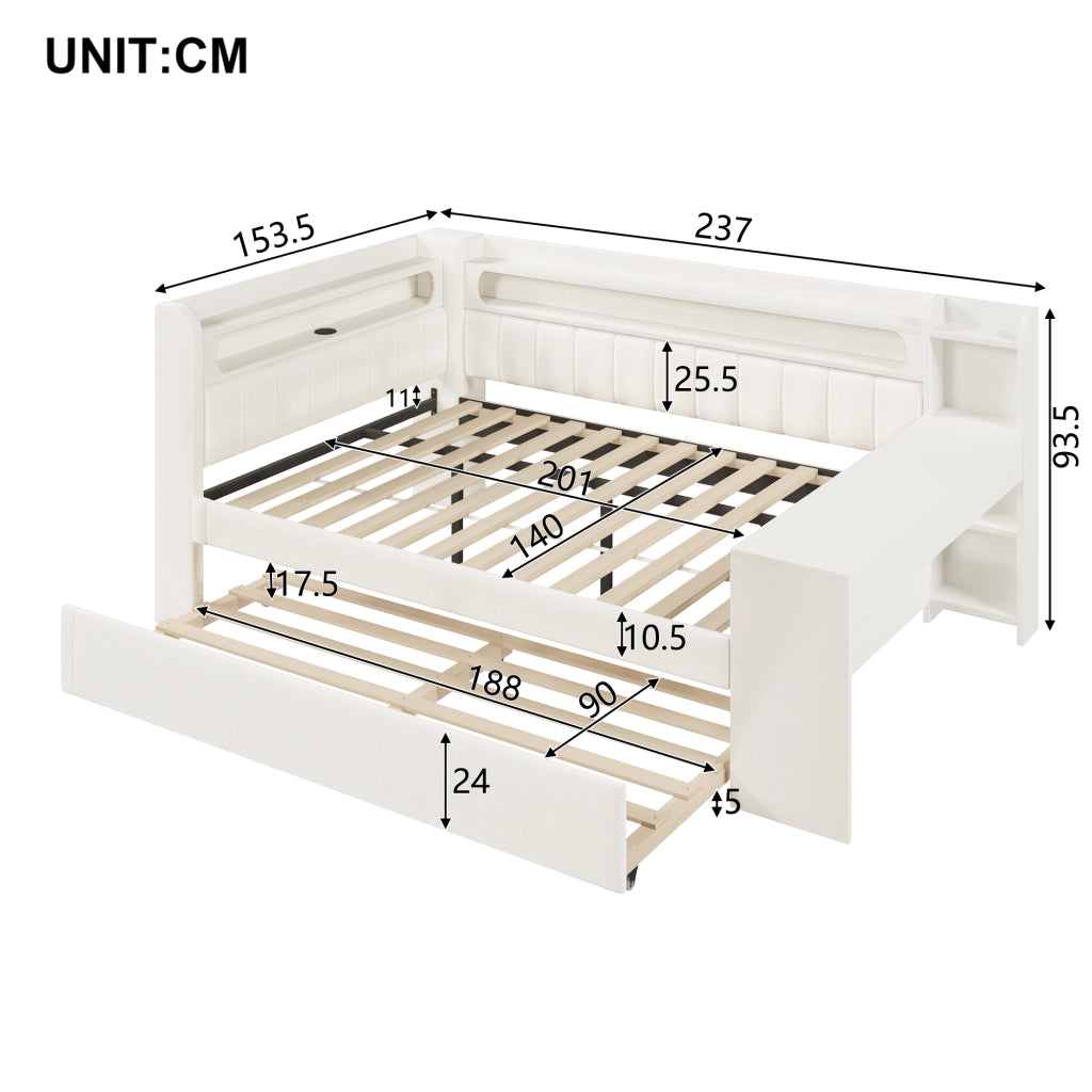 Letto Divano 140×200 cm; Letto Matrimoniale con Letto Estraibile; USB; LED e Scrivania; senza Materasso