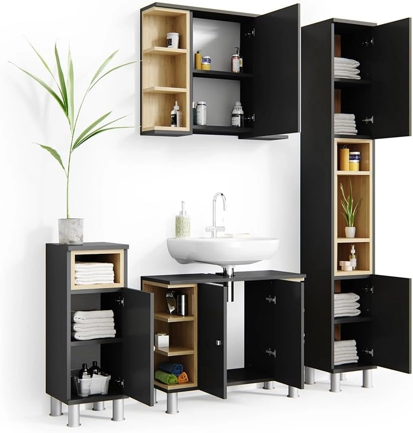 Set mobili bagno Aquis, Antracite, 79.6 cm, composto da mobile lavabo, pensile a specchio, colonna e base media