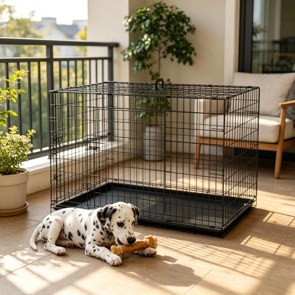 Gabbia per cani pieghevole con due porte bloccabili e vassoio estraibile in plastica e acciaio nero 121 × 77 × 82 cm