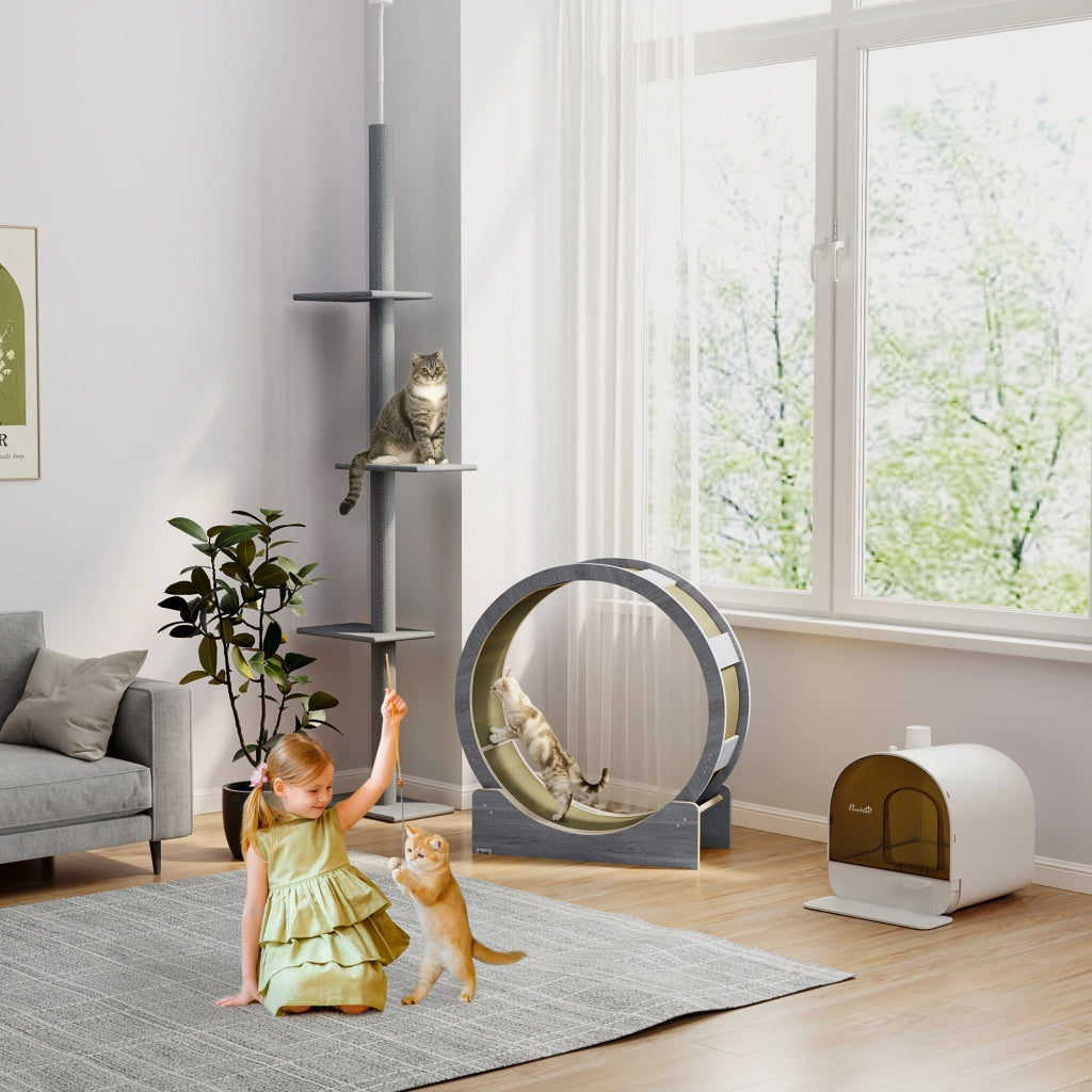 Ruota per gatti 91 cm con freno, tappetino tiragraffi, legno, grigio
