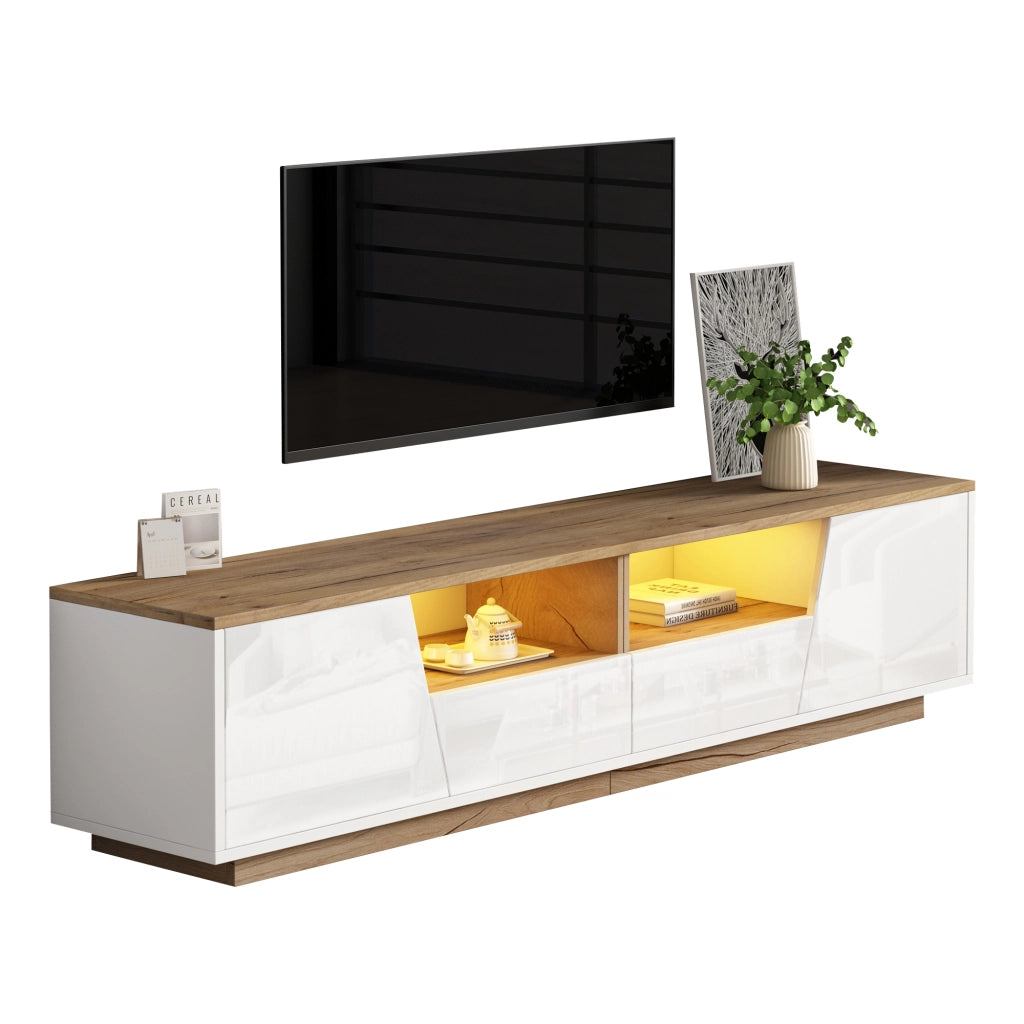 Mobile TV con LED 180x40x46 cm; 2 cassetti e 2 armadietti; bianco e legno naturale