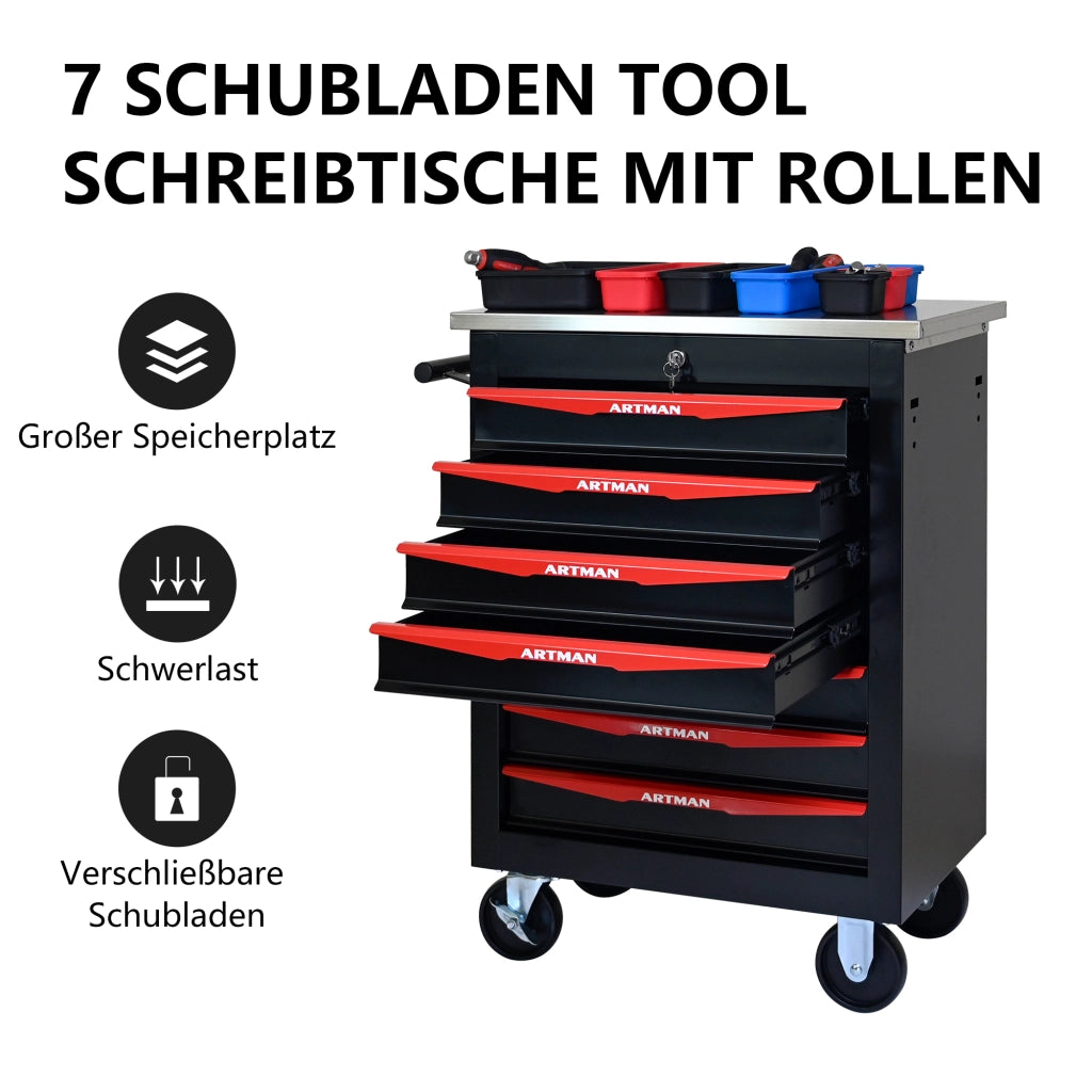 CARRELLO PORTA ATTREZZI 7 cassetti con ruote 62,5x34,5x78 cm Acciaio Nero/Rosso