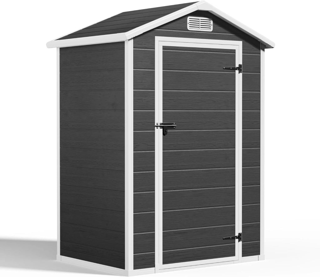 Casetta da Giardino in Resina, Capanno Porta Attrezzi Intemperie con Finestra e Ventilazione, Box Stoccaggio con Serratura per Attrezzi da Giardino, 122 x 92 x 187 cm (Nero)