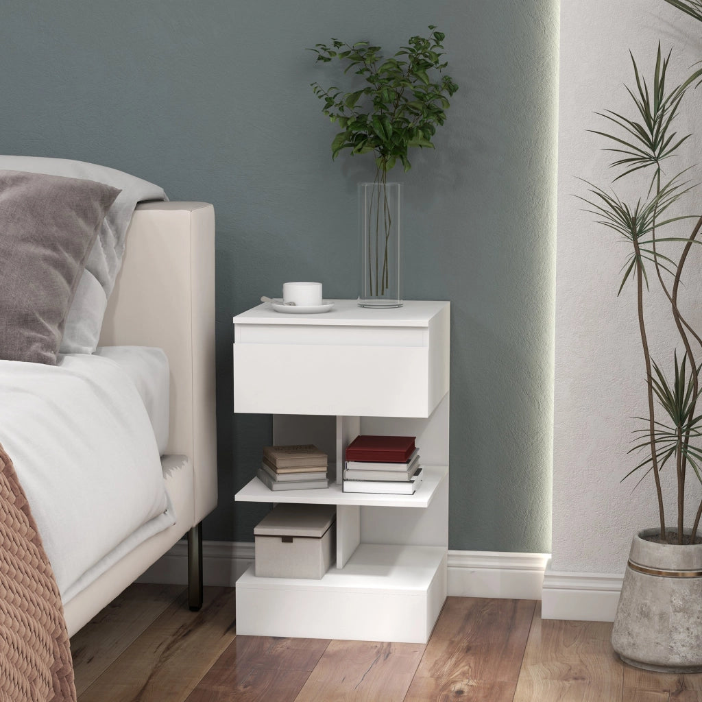 Comodino Moderno in Truciolato e MDF con un Cassetto e 2 Ripiani, 39x39x65 cm, Bianco
