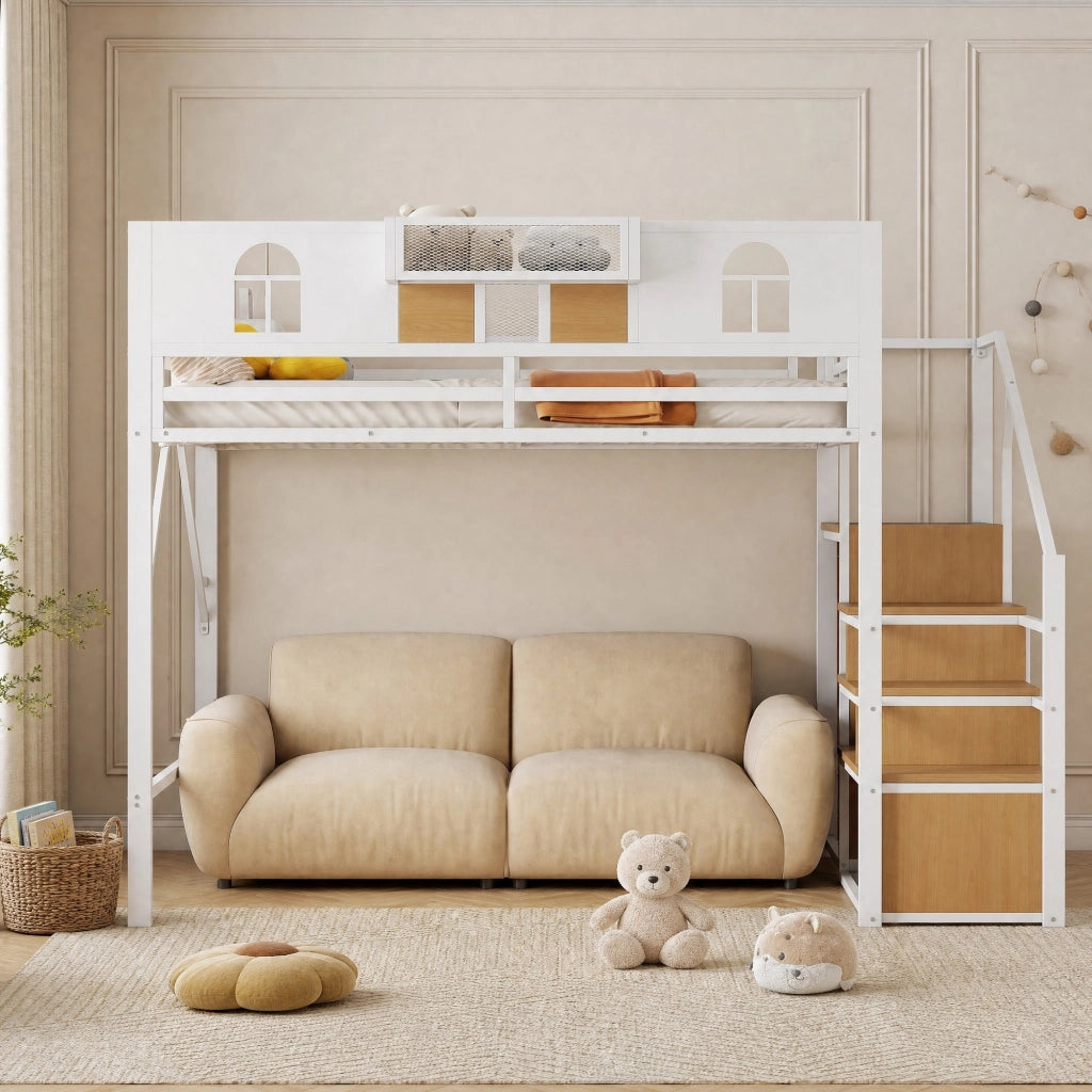 Letto a soppalco in metallo 140 x 200 cm con scala contenitore, mensola integrata e struttura robusta, bianco