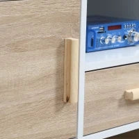 Mobile TV Basso per TV max 46" con Ripiano Aperto, Cassetto e 2 Armadietti, in Truciolato e Pino, 140x40x55.3 cm