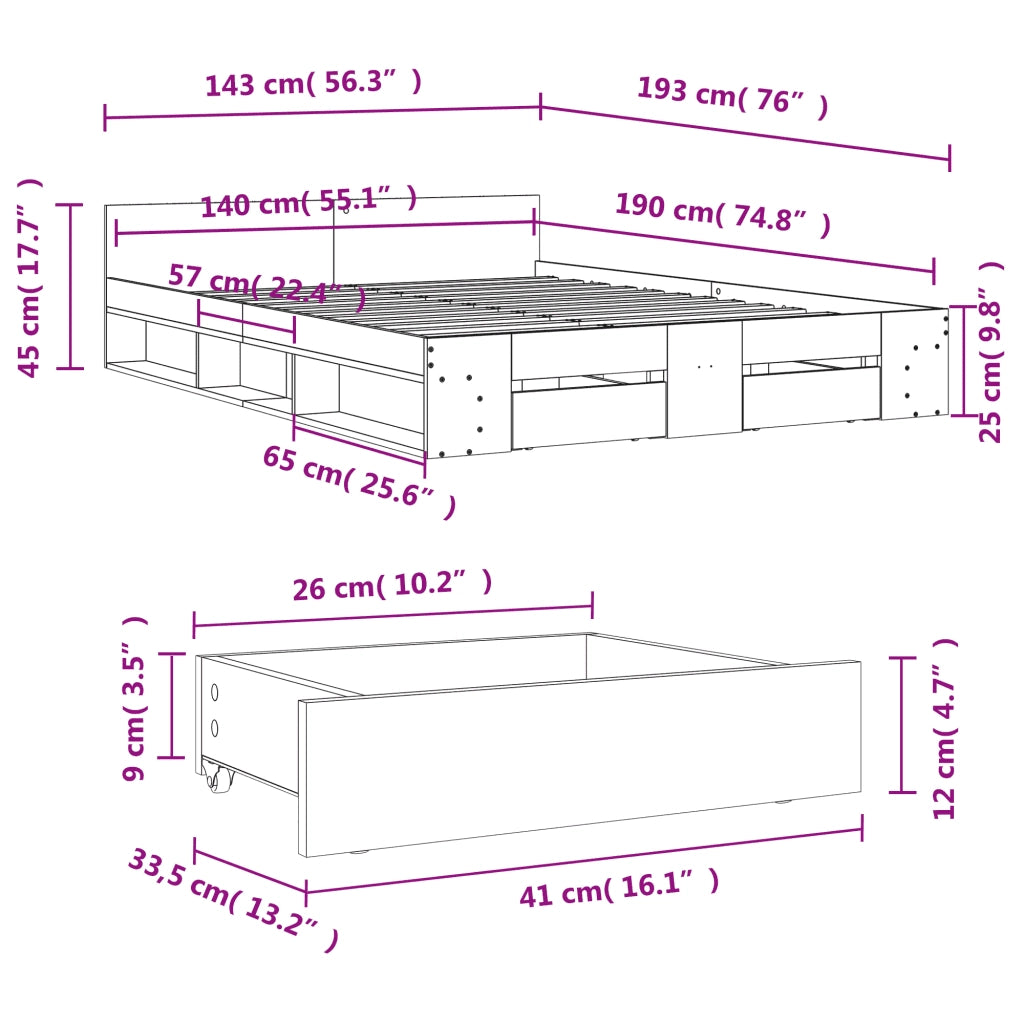 Letto matrimoniale | Letto per adulti | Giroletto Cassetti Grigio Sonoma 140x190 cm Legno Multistrato