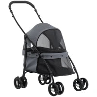 Passeggino per Cani Pieghevole con Tettuccio Regolabile, Borsa e 2 Guinzagli, 82x47x97 cm, Grigio e Nero