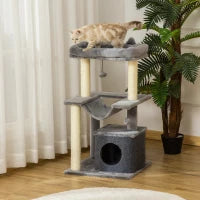 Albero Tiragraffi con Corde Sisal, Casetta e Amaca, Rivestimento Peluche e Feltro, Altezza 100cm, Grigio