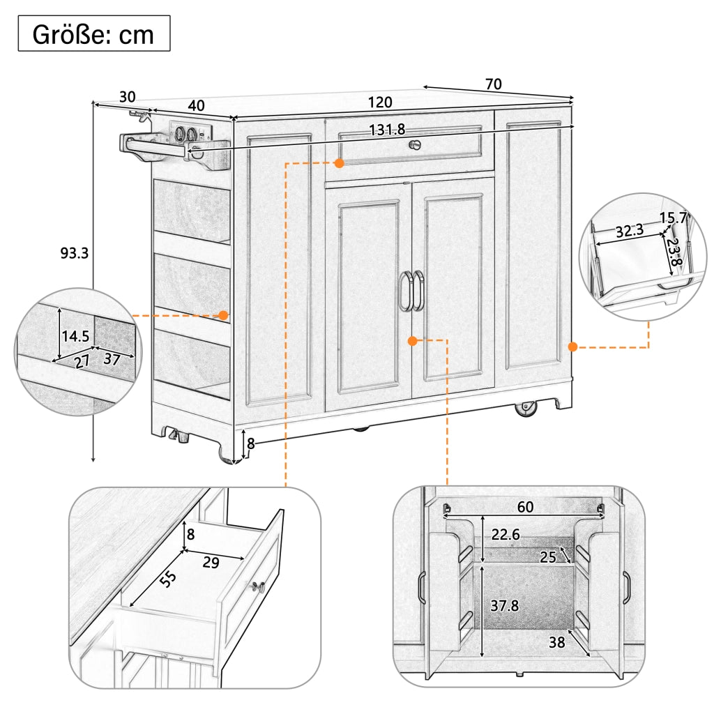 Carrello da Cucina con Piano Ribaltabile; Prese e Vano per Rifiuti; in MDF; Bianco e Naturale; 131;8 x 40-70 x 93;3 cm