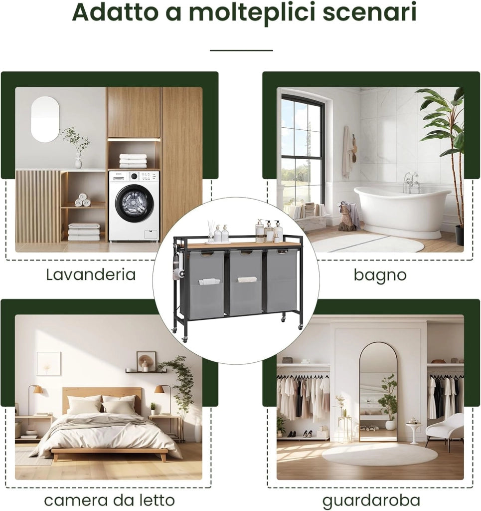 Cesto Portabiancheria, 3 Sacchi in Tessuto Oxford Rimovibili, Porta Biancheria, Struttura in Metallo, per Bagno e Lavanderia, 96x30x71cm, Capacità 40L per Cesto