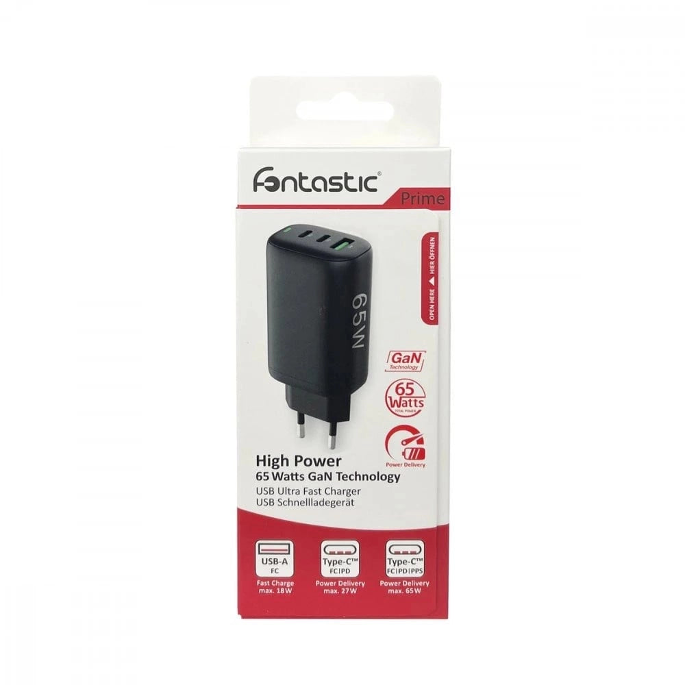 Caricabatterie GaN USB-A e 2 porte USB-C Power Delivery 65W Ricarica Rapida Nero