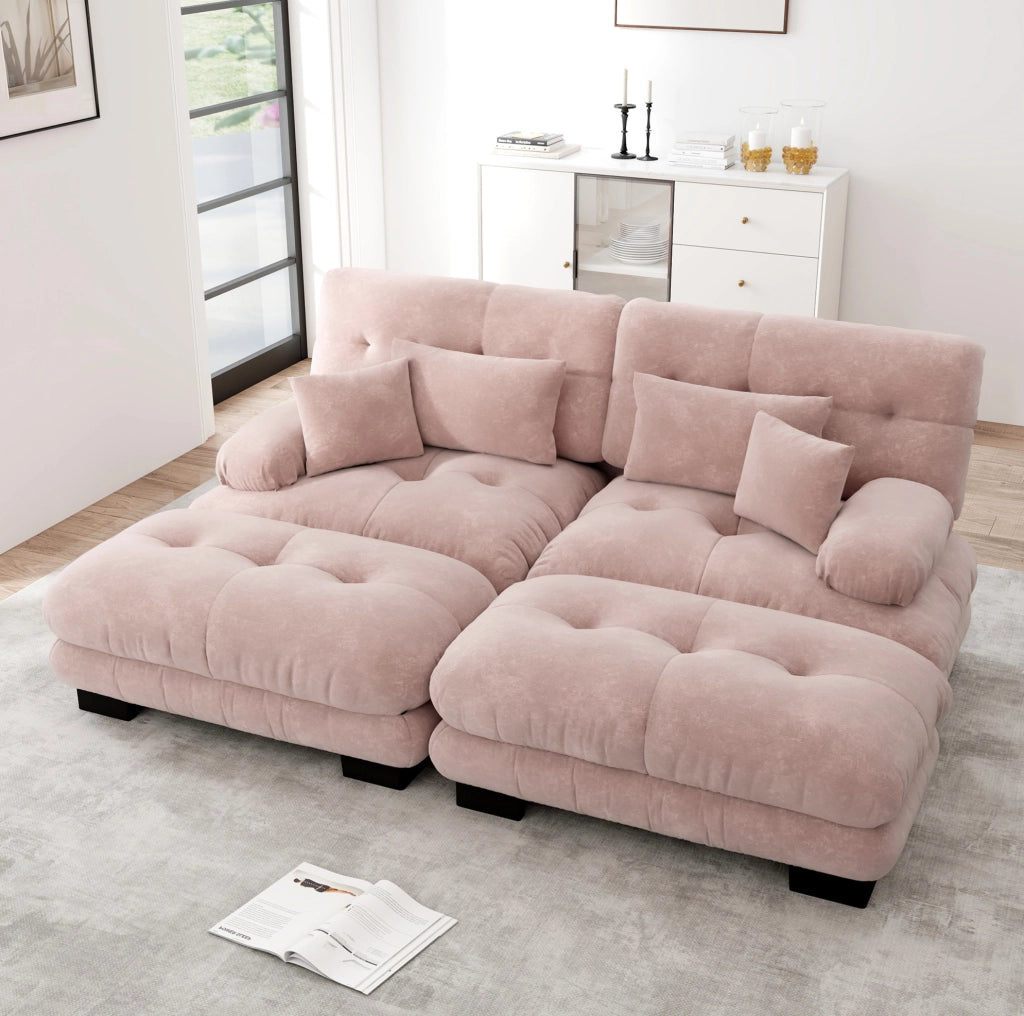 Divano modulare con ottomane in ciniglia rosa