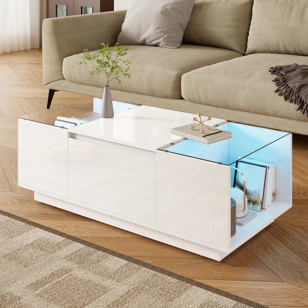 TAVOLINO 105 x 50 x 35 cm Bianco in pannello di truciolare con LED e 2 cassetti