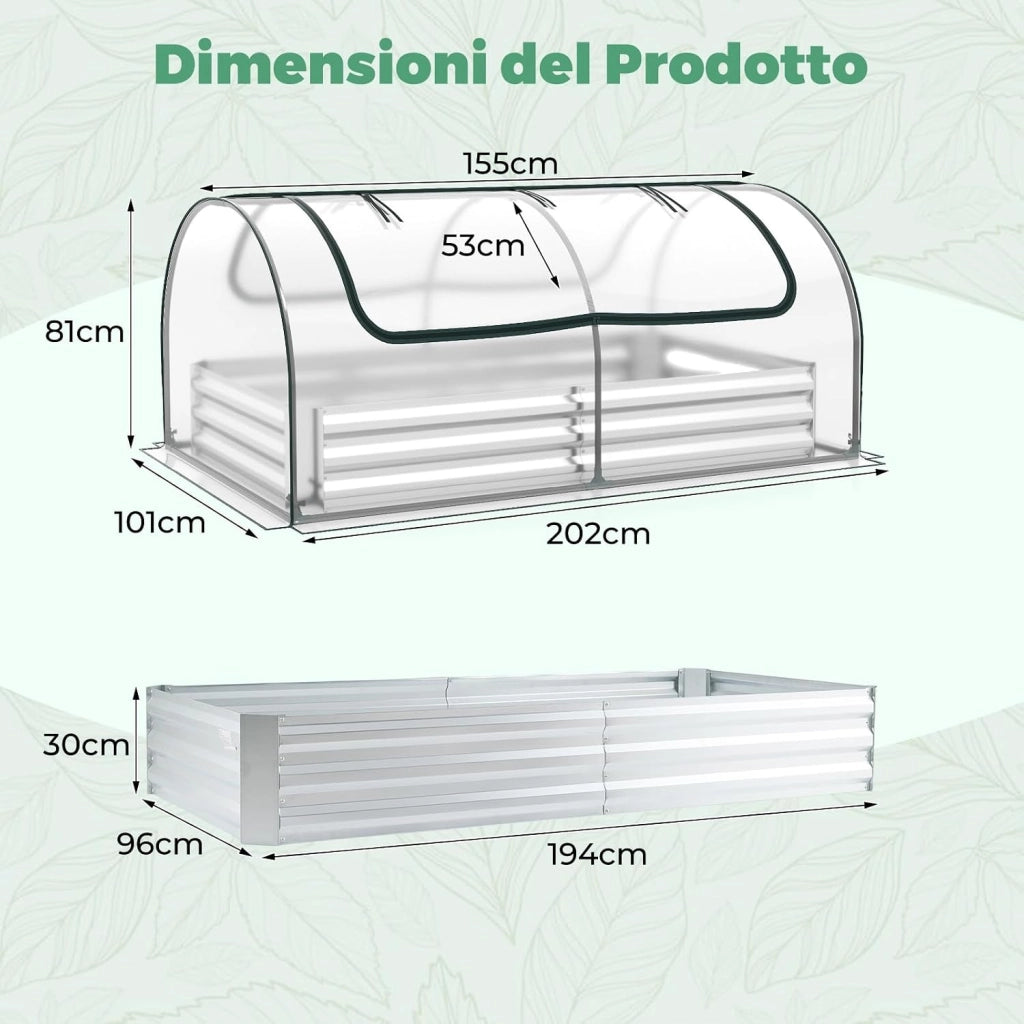 Orto Rialzato Zincato con Serra, Aiuola Senza Fondo con Copertura Trasparente, Fioriere con Finestre Avvolgibili per Giardino e Terrazzo (202 x 101 x 81 cm)