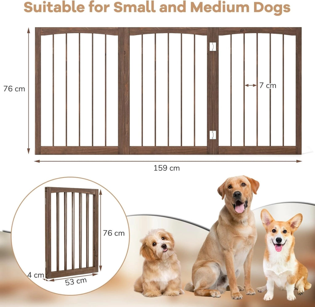 Cancelletto per Cani Pieghevoli 159 x 76 cm, Barriera per Cani in Legno a 3 Pannelli, Recinzione per Scale, Ingressi e Corridoi (Marrone)