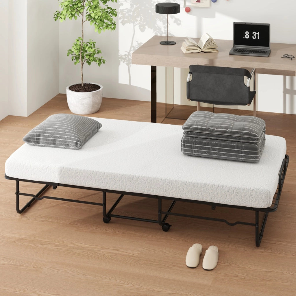 Letto pieghevole con materasso e struttura in metallo-Letto singolo portatile con ruote bloccare per ospiti