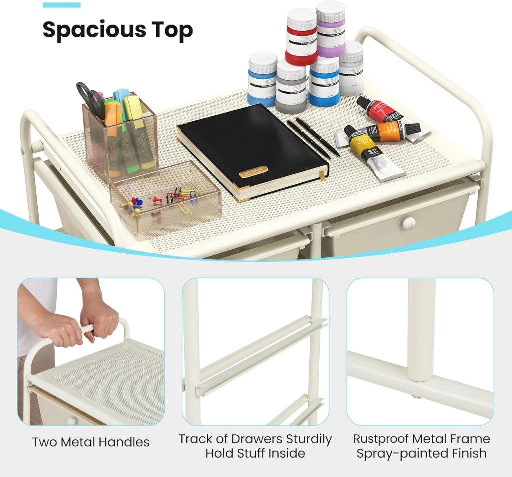 Carrello con 10 cassetti, impilabile, carrello per cassetti, carrello da cucina con ruote bloccabili, carrello per cucina, bagno, ufficio, 65,5 x 37 x 87 cm, bianco