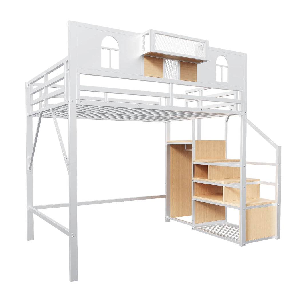Letto a soppalco 140x200 cm con scala contenitore e ripiano; in metallo bianco