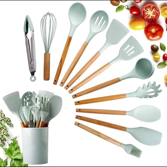Set di Cucina in Silicone - 12 Pezzi - Spatola Silicone - Set di Spatole Silicone - Set di Spatole con Supporto - Cucchiaio - Spiedo - Forchetta - Mint Verde