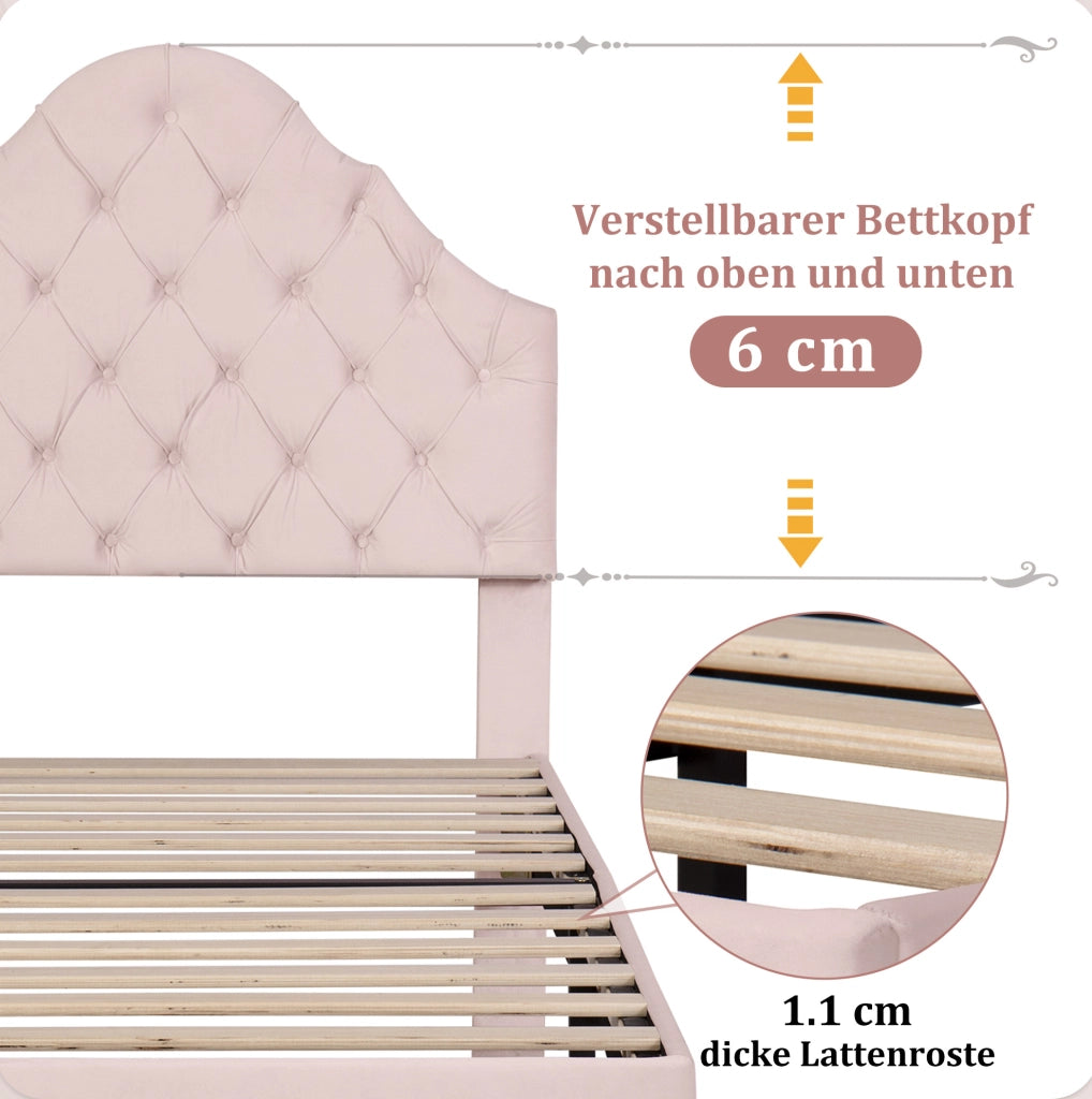 Letto singolo imbottito in velluto rosa 90 x 200 cm