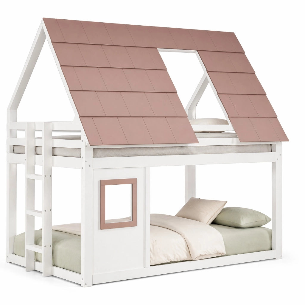 Letto a castello a forma di casa 140x200 cm con tetto e scala; bianco e marrone
