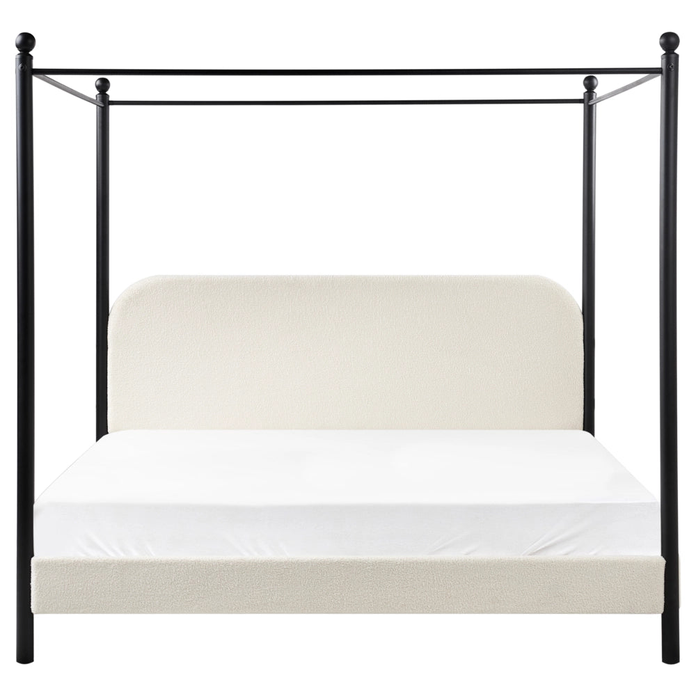 Letto a baldacchino in metallo nero con rivestimento in bouclé bianco 180 x 200 cm EU Dimensioni doppie Retro Minimalista