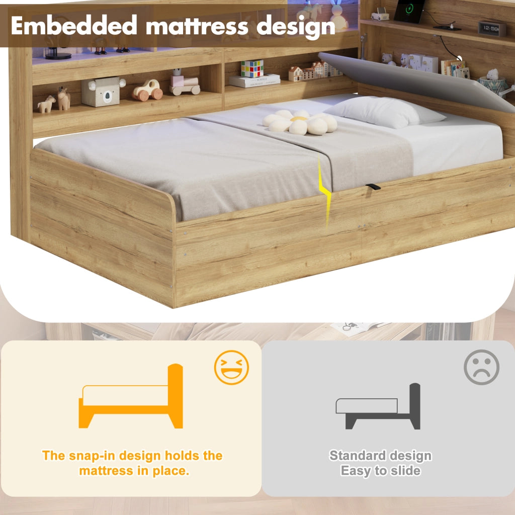 Letto Singolo Contenitore Idraulico con LED e USB ¨C MINIMAL ¨C Legno 90x200 Naturale