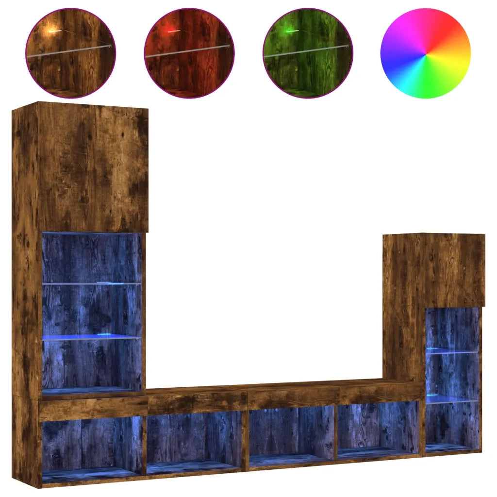 Mobili TV a Muro con LED 4pz Rovere Fumo in Legno Multistrato