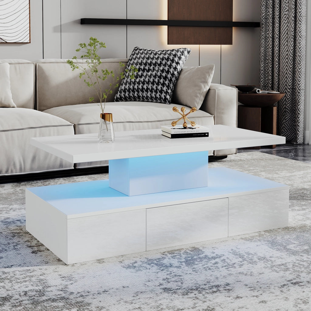 TAVOLINO DA SALOTTO 100x50x39 cm Bianco con LED, 1 cassetto e vano aperto