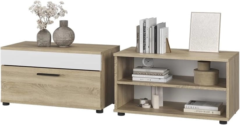 Mobili da soggiorno Berno, Sonoma/Bianco, 2 parti, per la conservazione di dispositivi multimediali e accessori per la casa