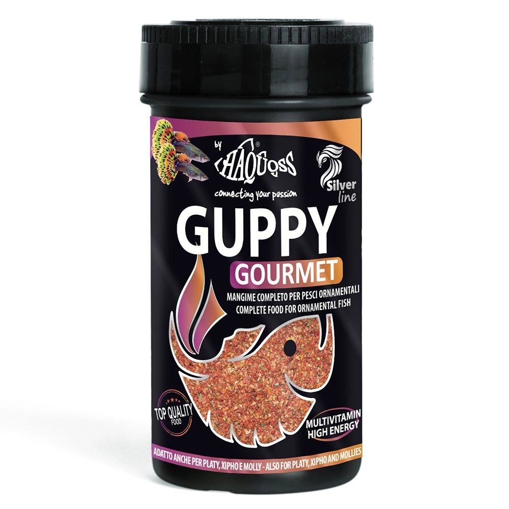 Haquoss Guppy Gourmet - mangime completo in micro-fiocchi per guppy Formato: 250 ml