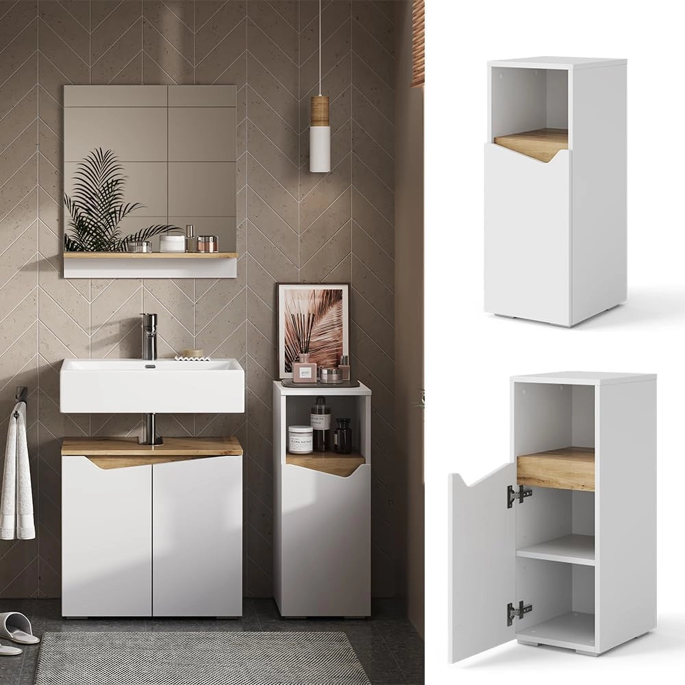 Mobiletto bagno Marelle, Bianco/Artisan, 30 x 74.5 cm con porta e scomparto aperto, per la conservazione di articoli da bagno e asciugamani