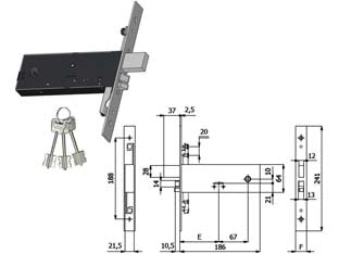 ELETTROSERRATURA TRIPL. INFIL. FASCE D/M. CAT. E SCR. MM.64 H 5978  mm.90 interasse mm.67 (5978)    OMEC