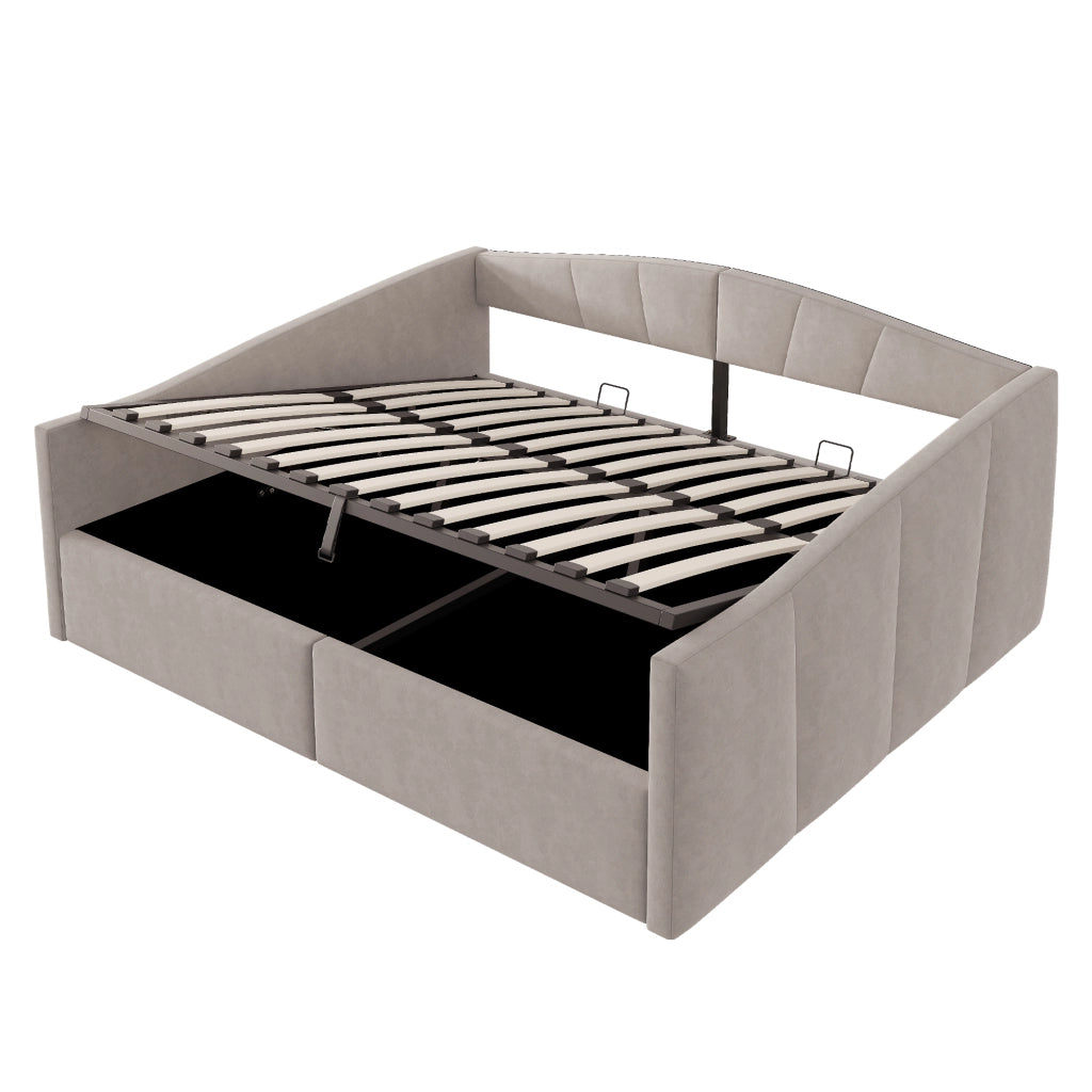 Letto Contenitore 140 × 200 cm 2 posti con vano idraulico e braccioli, senza materasso, in velluto, grigio chiaro