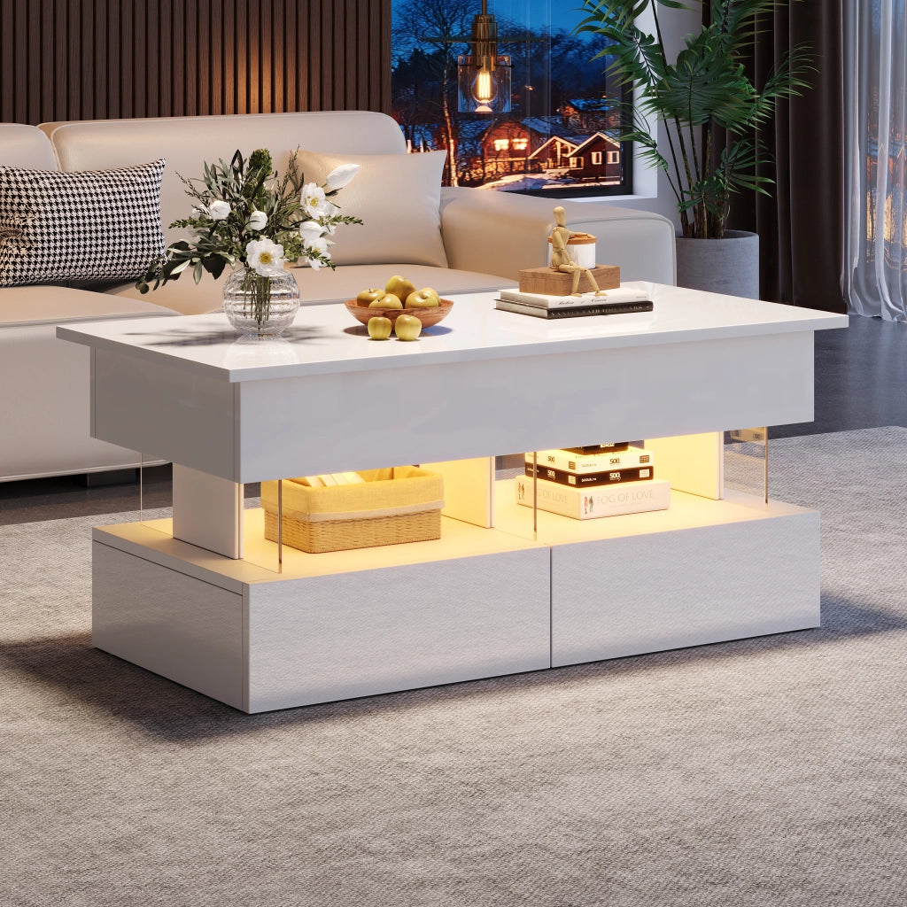 Tavolino basso sollevabile con LED, 2 cassetti e vano nascosto, per soggiorno, 100 × 50 × 46 cm, in MDF, bianco