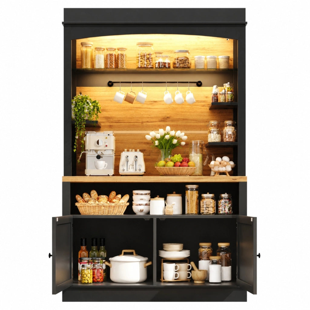 Set di 2 credenze da cucina con LED USB; 107x43x184 cm; MDF e metallo; nere