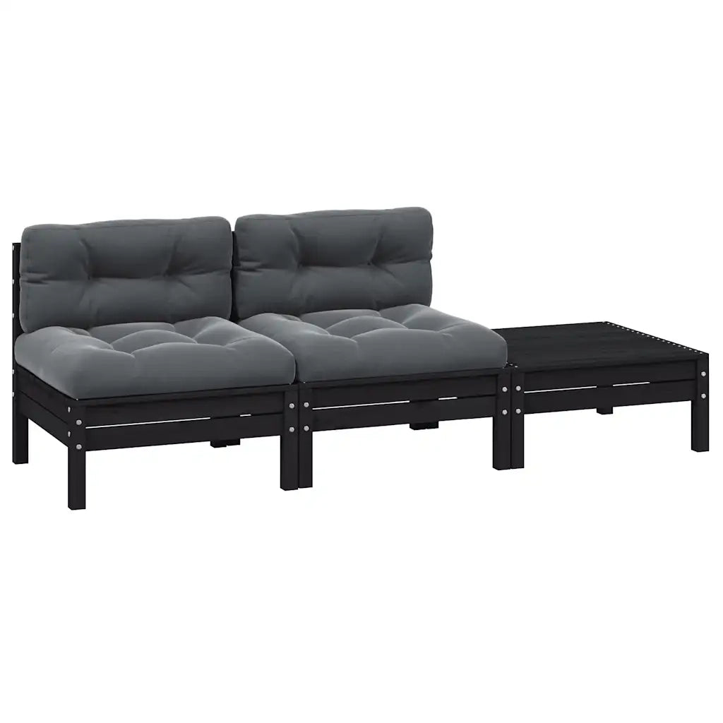 Set Divani da Giardino 3 pz con Cuscini Nero Massello di Pino  cod mxl 73498