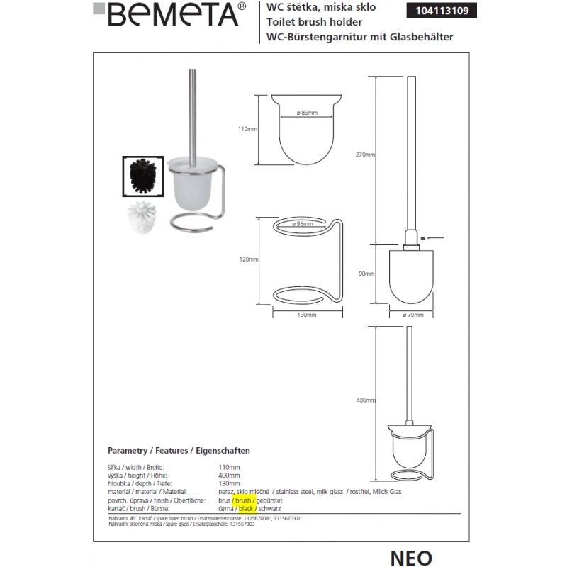 Scopino nero NEO, tazza in vetro 40x11x13cm