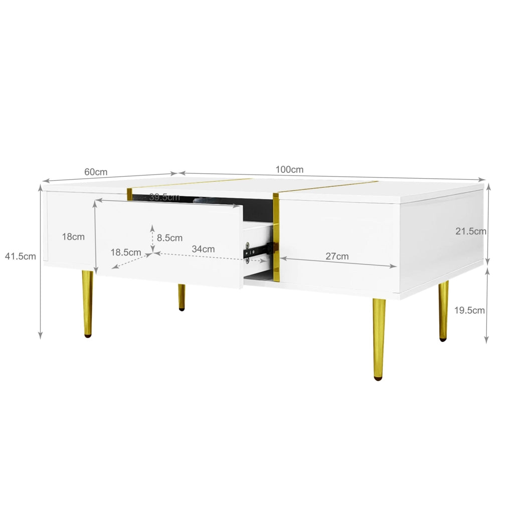 Tavolino da caffè moderno bianco lucido 100 x 60 x 41;5 cm in MDF con 2 cassetti