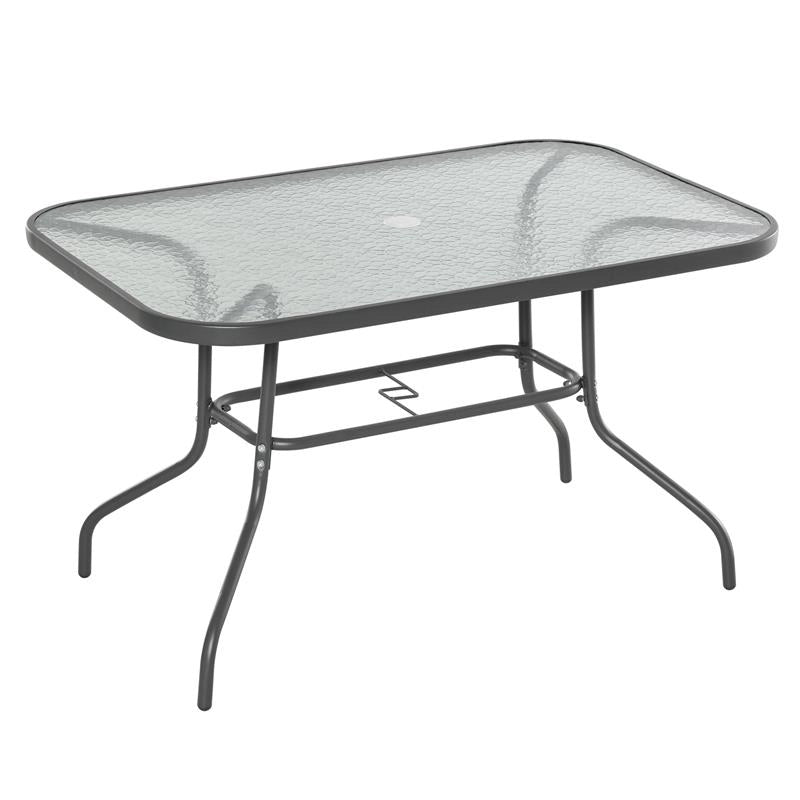 TAVOLO DA GIARDINO IN METALLO E VETRO CON FORO OMBRELLONE 120 X 80 X 70 CM