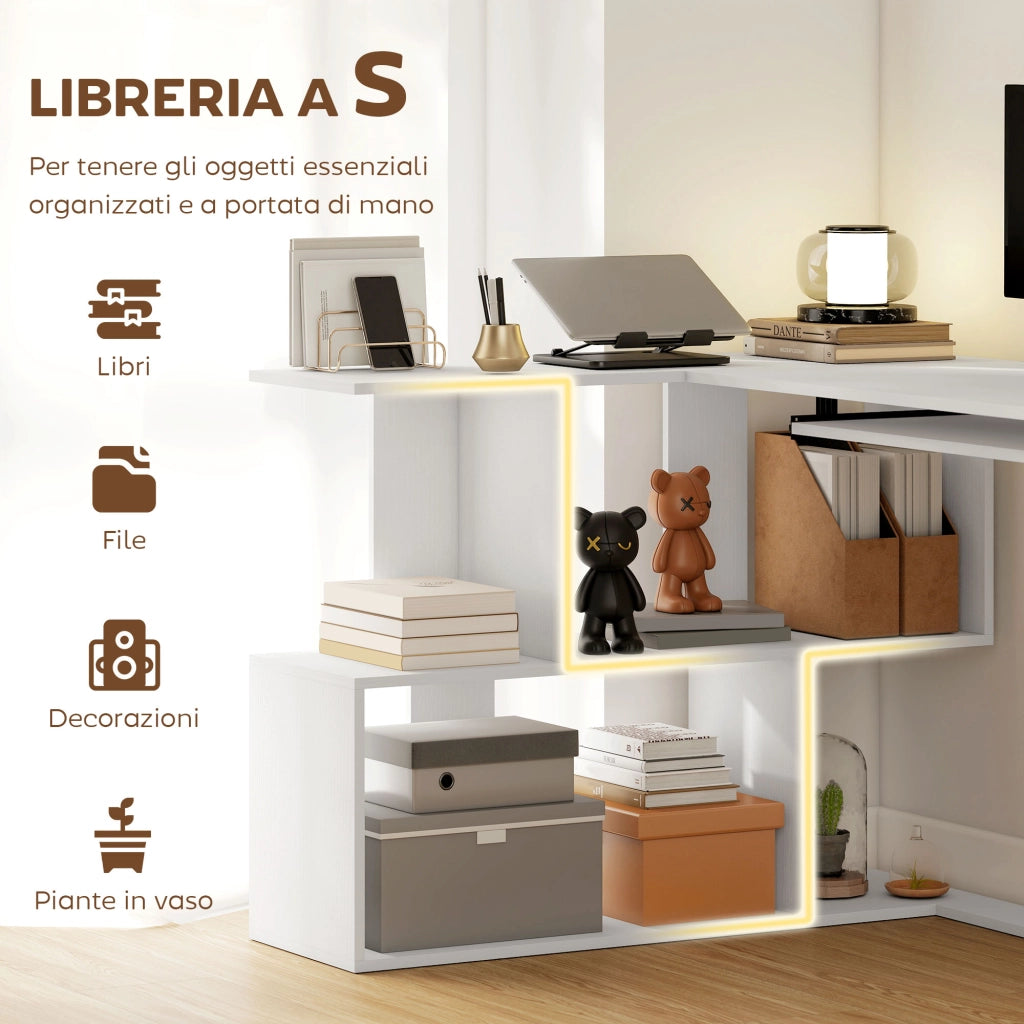 Scrivania Angolare Moderna con Ripiano Scorrevole e Scaffale ¨C Zephmum ¨C Bianco 90x50x