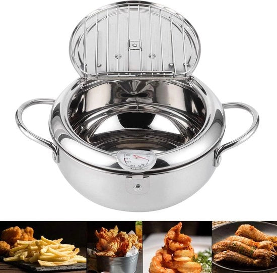 Piatto per tempura con termometro e coperchio - Mini wok giapponese per patatine - Gamberi - Petto di pollo - 24 cm