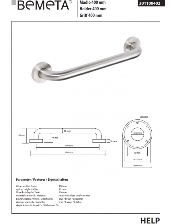 Maniglione doccia HELP 400 in acciaio satinato 48x8x10,6cm