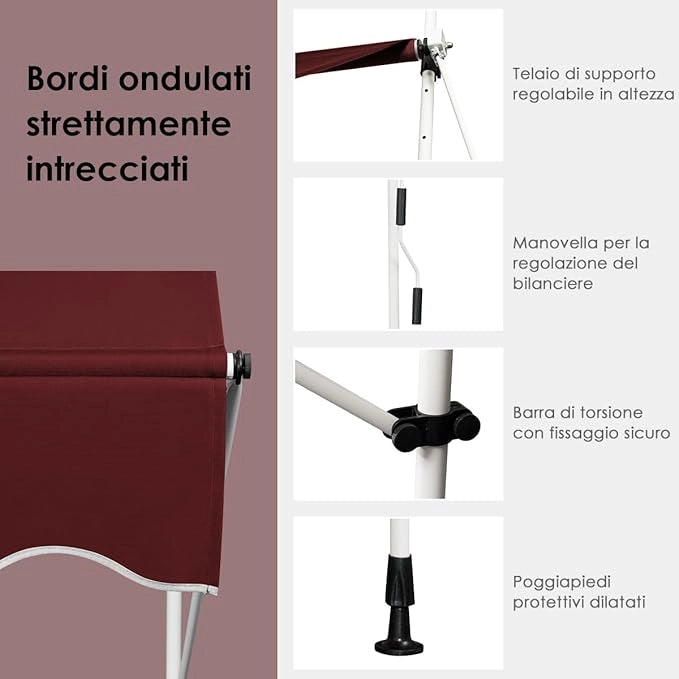 Tenda da Sole per Esterno, Tenda da Sole a Morsetto per Balcone con Struttura Telescopica e Tessuto Resistene ai Raggi Solari, Regolabile in Altezza e in Angolazione (350 cm,Rosso)