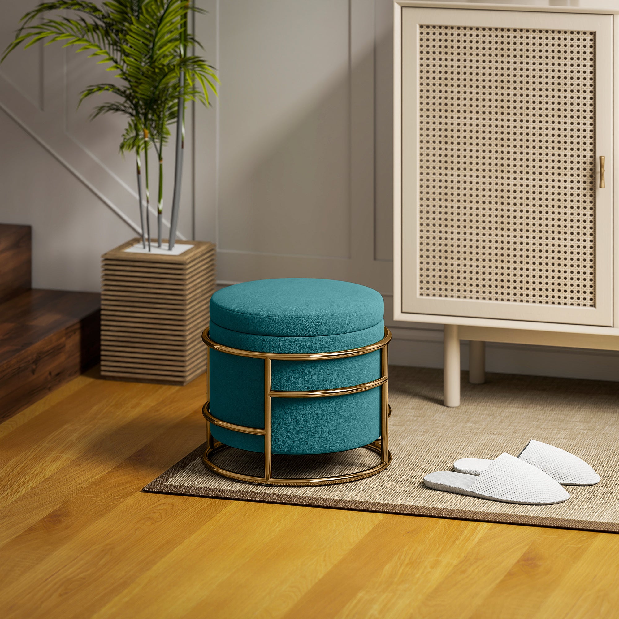 Pouf Contenitore Rotondo Ø42x39 cm in Tessuto Effetto Velluto Verde