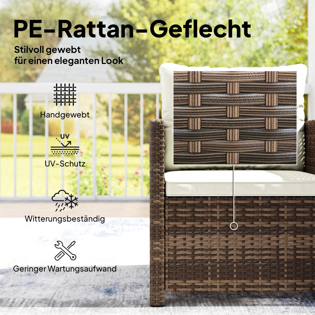 Set bistrot in rattan; set di mobili da giardino in 3 pezzi con 2 poltrone; tavolo di vetro a 2 livelli; cuscino rimovibile bianco crema