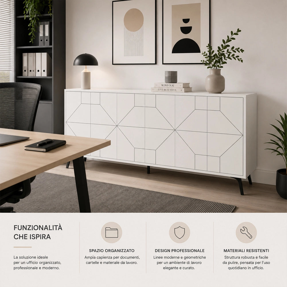 Madia con 6 Ante Credenza Design Geometrico Moderno in Legno 184x77 cm Bianco