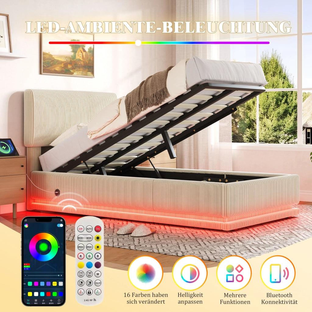 Letto imbottito con LED USB regolabile 90x200 cm velluto a coste beige